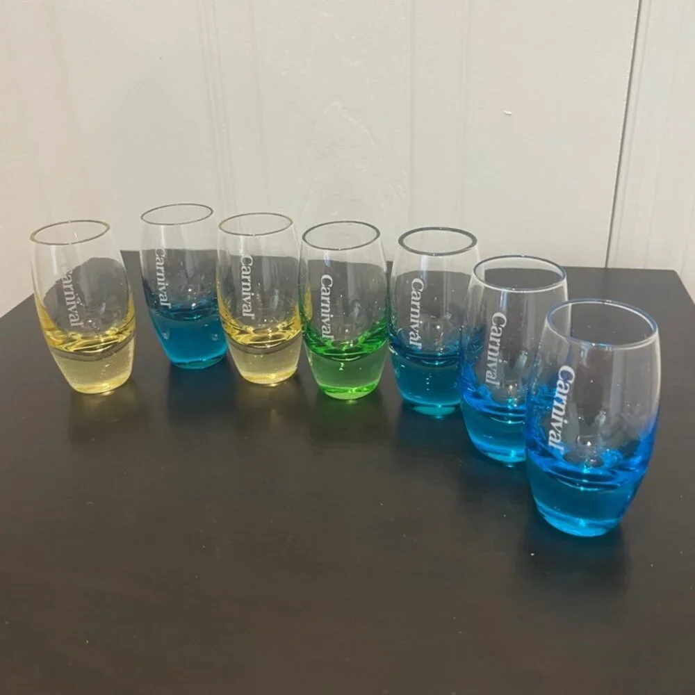 Carnival Cruise Line etched shot glasses SET OF 7 oval shape versatile aesthetic